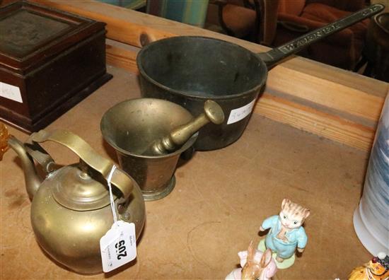 Pestle & mortar skillett & brass kettle